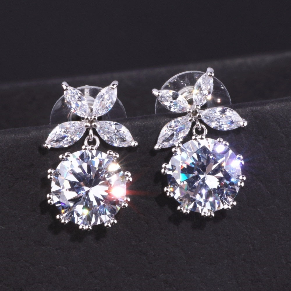 Cubic Zirconia Silver Color Leaf Drop Earrings