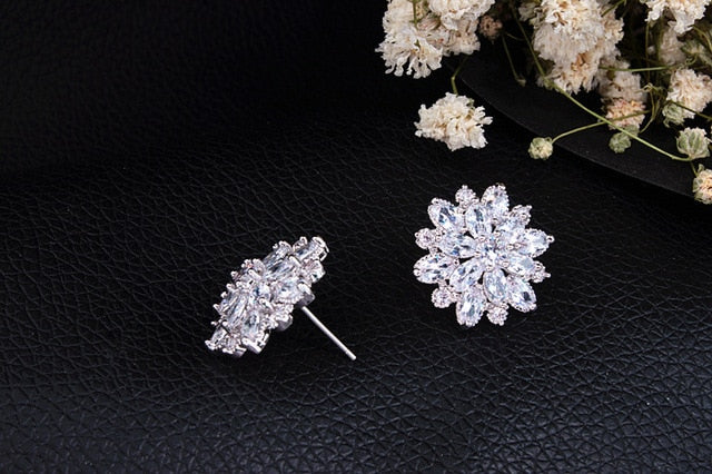 Austrian Zircon Earrings Elegant 925 Sterling Silver Flower Stud Earrings