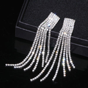 New Silver Color Rhinestone Crystal Long Tassel Earrings