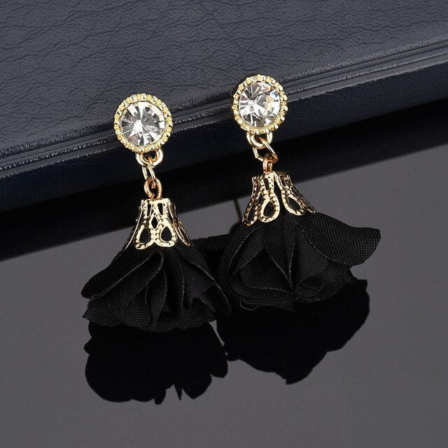 Zinc Alloy Flash Rhinestone with Fabric Flowers Earrings