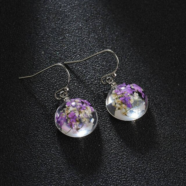 New Creative Personality New Retro Style Handmade Glass Natural Dry Flower Earrings