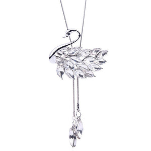 Swan Hollow Crystal Silver Color Long Sweater Chain Pendant Necklace